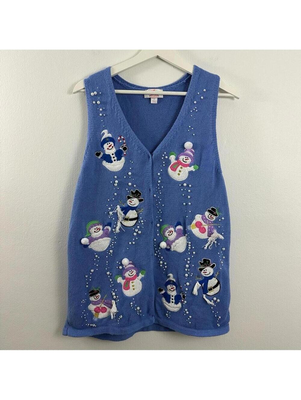 Quacker Factory Women’s Snowman Beaded Sweater Vest Cardigan Size M